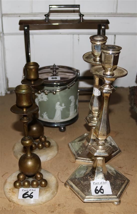 2 pairs of candlesticks,  plated tantulus stand & Jasperware biscuit barrel